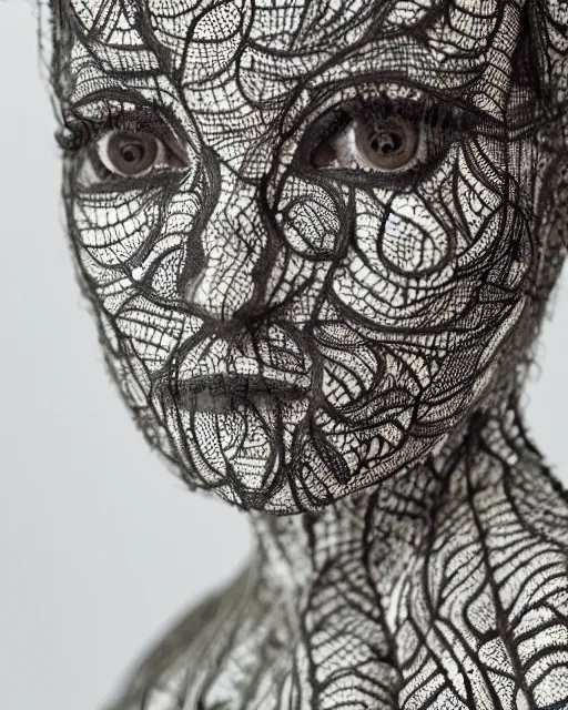 Image similar to close up of a woman's face, made of intricate decorative lace leaf skeleton, in the style of the dutch masters and gregory crewdson, dark and moody