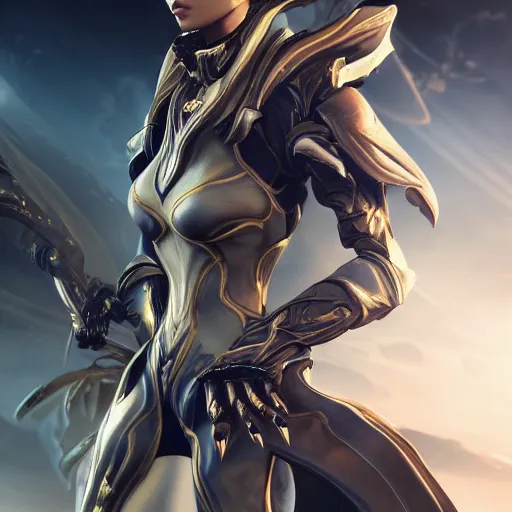 Image similar to highly detailed exquisite fanart, of a beautiful female warframe, elegant pose, holding a detailed epic kitgun, detailed hands, epic cinematic shot, DeviantArt, high quality artstation, HD render