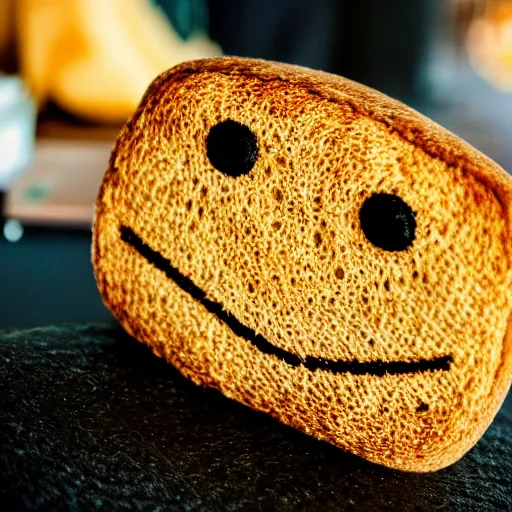 Image similar to a plush toy doll of a smiling piece of toast, photo, leica