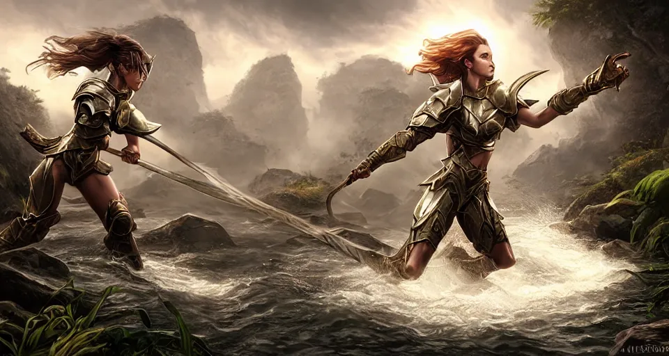 Image similar to Epic picture of a female paladin fighting a hydra near a jungle pond,cover by Artgerm, hyper realistic, photo realistic, dynamic lighting, HDR, 4k, high detail, volumetric lighting, lens flare