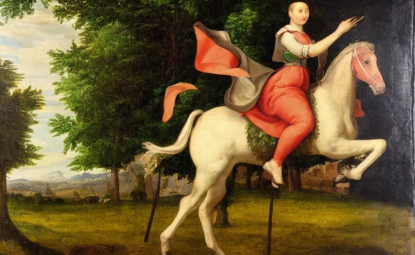 Image similar to a renaissance oil painting of a horse riding on a horse in a green meadow