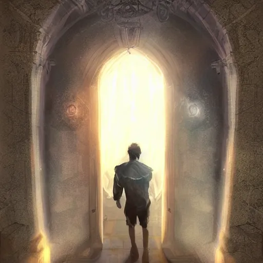 Image similar to a man through a mystical door leading to another dimension, fantasy, artstation detailed digital art