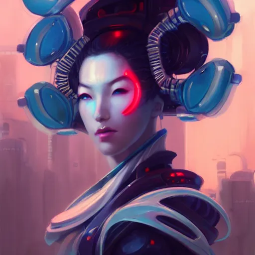 Image similar to a portrait of a beautiful cybernetic geisha, cyberpunk concept art by pete mohrbacher and wlop and artgerm and josan gonzales, digital art, highly detailed, intricate, sci-fi, sharp focus, Trending on Artstation HQ, deviantart, unreal engine 5, 4K UHD image