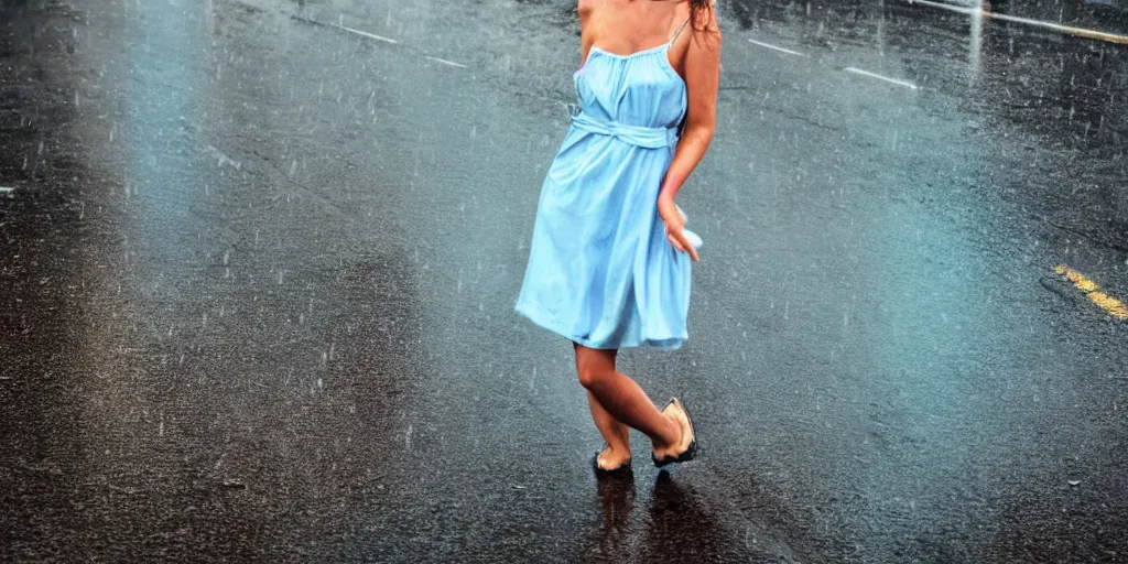 Prompt: hyperrealistic photo of a hot wet girl in a light blue clingy dress in the rain waling down the road, 8 k