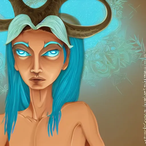 Prompt: digital art of a satyr woman with tan skin tone and short white hair, wearing blue clothes and a blue cloak, summoning turquoise magic
