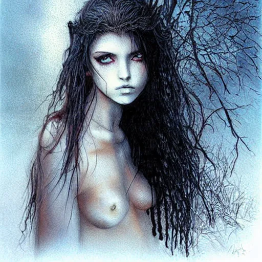 Prompt: young teen female with ((((crow)))) head , painting by Luis Royo