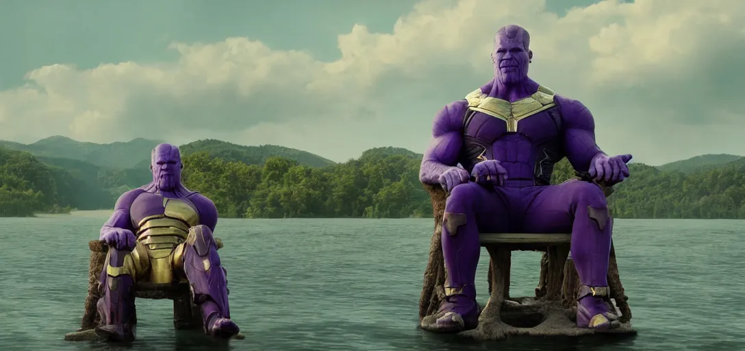 Image similar to a very high resolution image from a new movie. thanos sitting on chair in a lake, photorealistic, photography, directed by wes anderson