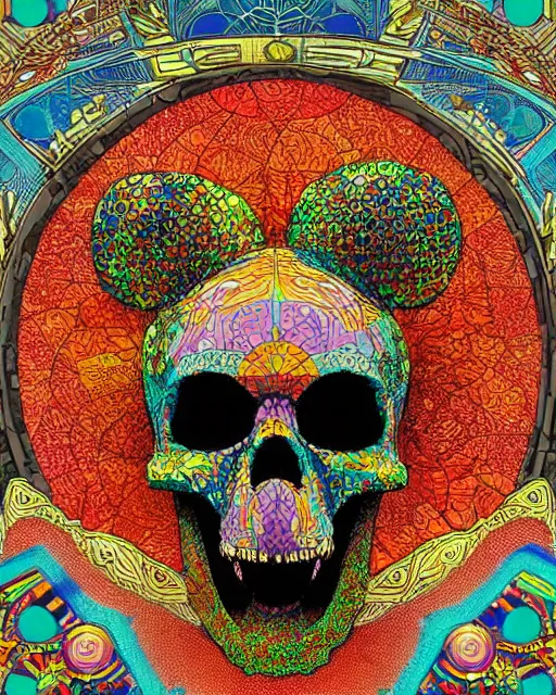 Image similar to mickey mouse skull carving art, background are varities of superhot chili peppers, cell shading, voronoi, fibonacci sequence, sacred geometry by Alphonse Mucha, hiroshi yoshida, Art Nouveau, colorful, ultradetailed, vivid colour, 3d