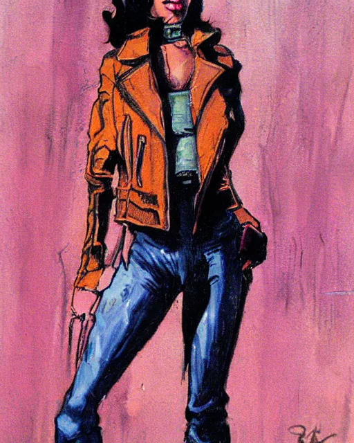 Image similar to young female protagonist in leather jacket, city street, artwork by ralph bakshi