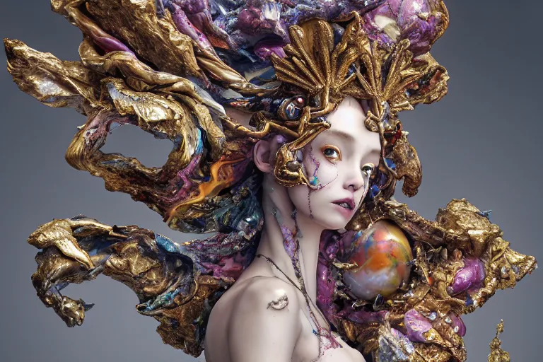 Image similar to Cinestill of A heartbreaking realistic 8k Bernini Sculpture of a stunning intricate cracked multicolored milky cosmic marble Evangelion Fallen Angel Devil Queen adorned in sentient mycelium mystical jewelry and ancient Empress crown and misty xparticles. by Yoshitaka Amano, Daytoner, Greg Tocchini, Scattered golden flakes, Hyperrealism. Subsurface scattering. Octane Render. Weirdcore, perfect face