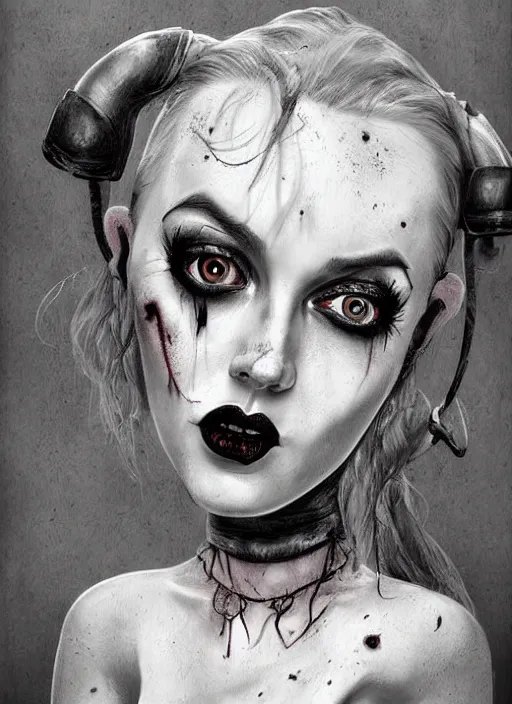 Prompt: surrealism grunge cartoon portrait sketch of lily cole as harley quinn, by michael karcz, loony toons style, freddy krueger style, horror theme, detailed, elegant, intricate