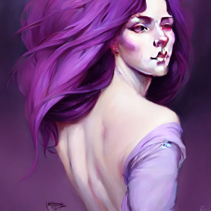 Image similar to Purple hair, creative colouring Portrait of woman, fashion, intricate, elegant, highly detailed, digital painting, artstation, concept art, smooth, sharp focus, illustration, art by artgerm and greg rutkowski and alphonse mucha