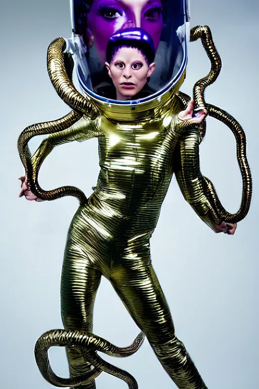 Prompt: full - length portrait of medusa gorgon in a space suit, fashion color studio lighting, 3 5 mm, close - up