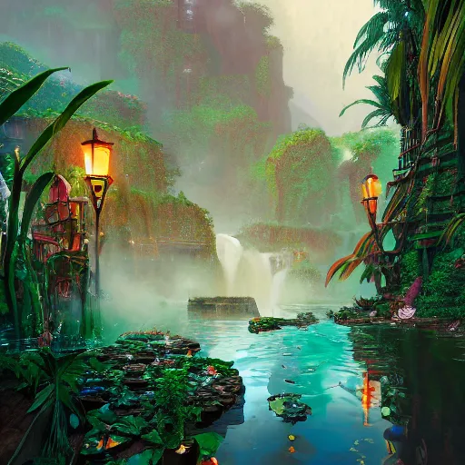 Prompt: aztec jungle village, ornate, beautiful, atmosphere, mist, vibe, smoke, beautiful, rain, reflection, pristine, puddles, waterfall, melting, dripping, wild look, mattepainting concept blizzard pixar maya engine splash comics global illumination lighting artstation, sharp focus, ilya kuvshinov, rossdraws