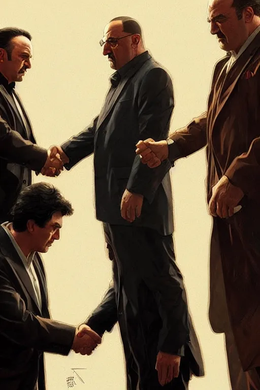 Prompt: walter white shaking hands with tony soprano and tony montana, perfect-full-shot, intricate, elegant, highly detailed, digital painting, artstation, concept art, smooth, sharp focus, illustration, art by artgerm and greg rutkowski and alphonse mucha