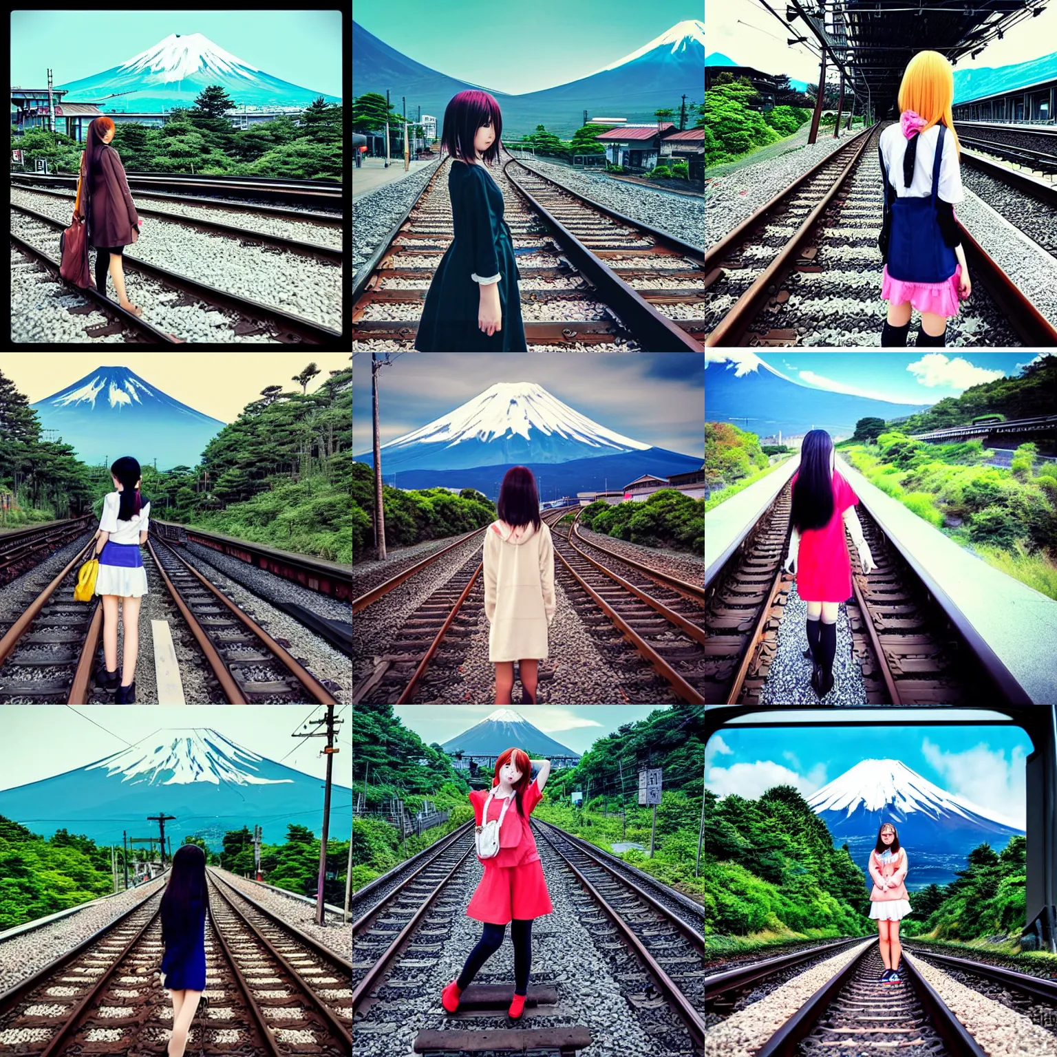 Prompt: “an anime girl on the train tracks, Mount Fuji behind her”
