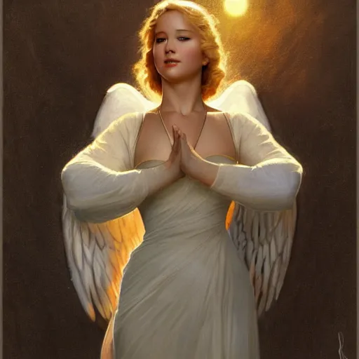 Prompt: Jennifer Lawrence as angel, medieval art, medium shot, intricate, elegant, highly detailed, digital painting, volumetric light, artstation, concept art, smooth, sharp focus, illustration, art by Gil Elvgren and Greg Rutkowski and Alphonse Mucha, 8K