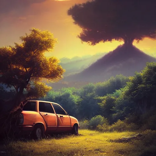 Image similar to low angle shot of tree growing inside scrap car in the foreground. overgrown. soft golden red sunset over the mountains in the background. clouds. detailed leaves. hyperrealistic, highly detailed, cinematic, beautiful, cgsociety, artstation, oil painting by greg rutkowski, by artgerm, by wlop