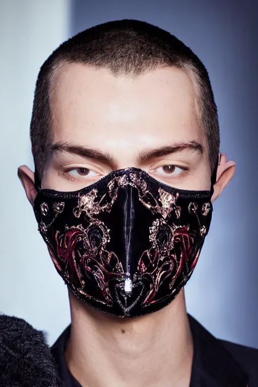 Image similar to fashion show featuring men's wear based in 9 0 s england, fashion photography, vogue cover, elaborate lights. mask on face, accurate details, ultra hd, beautiful background