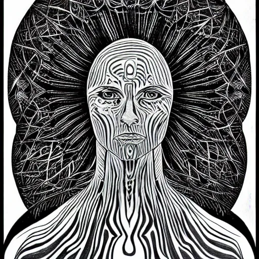 Image similar to an alex grey drawing, micron pen, black ink, a portal to another dimension, portrait