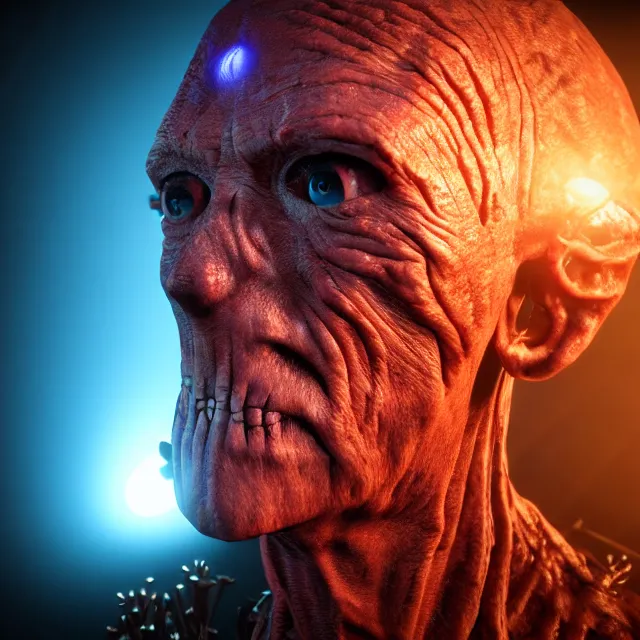 Image similar to pinhead, 8 k ultra realistic, lens flare, atmosphere, glow, detailed, intricate, full of colour, led lighting, 4 k, hyperrealistic, focused, extreme details, unreal engine 5, masterpiece