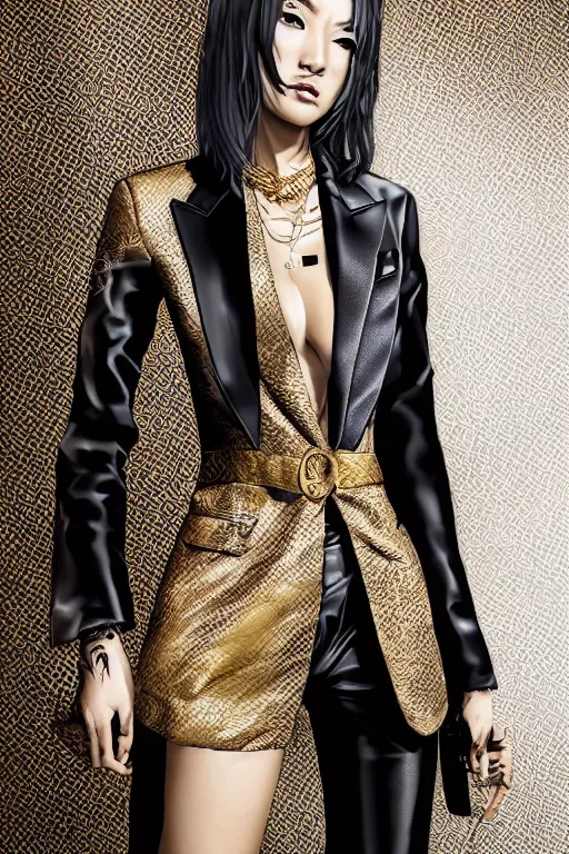 Image similar to yakuza slim girl, gold suit jacket in snake print, jacket over bare torso, yakuza tattoo on body, black short curtain haircut, black leather pants with black belt, portrait, elegant, 2d, ultra highly detailed, digital painting, smooth, sharp focus, artstation, art by Ilya Kuvshinov, rossdraws