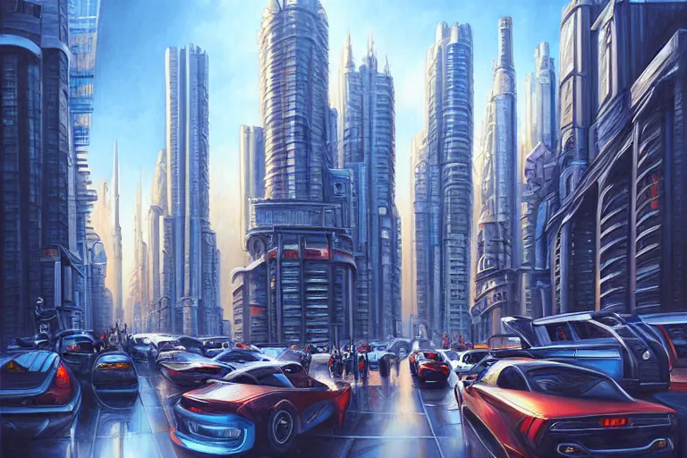 Image similar to painting of a modern city, fine details, magali villeneuve, artgerm, rutkowski