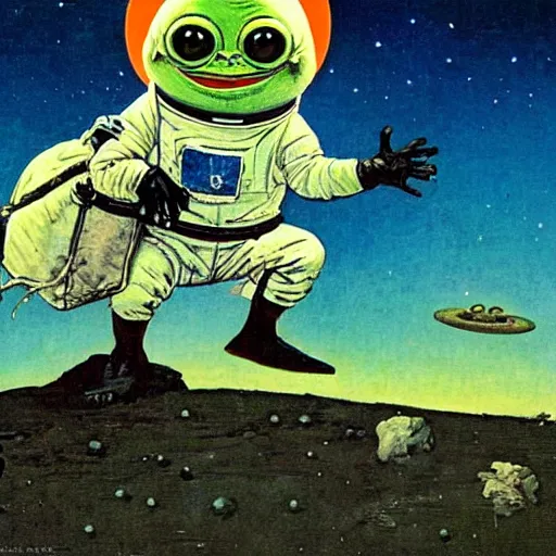 Prompt: pepe the frog landing on the moon by norman rockwell