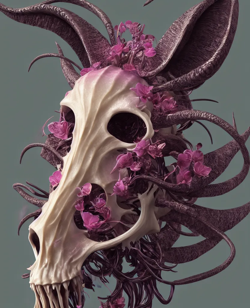 Image similar to goddess close-up portrait goat skull. jellyfish phoenix head, nautilus, orchid, skull, betta fish, bioluminiscent creatures, intricate artwork by Tooth Wu and wlop and beeple. octane render, trending on artstation, greg rutkowski very coherent symmetrical artwork. cinematic, hyper realism, high detail, octane render, 8k