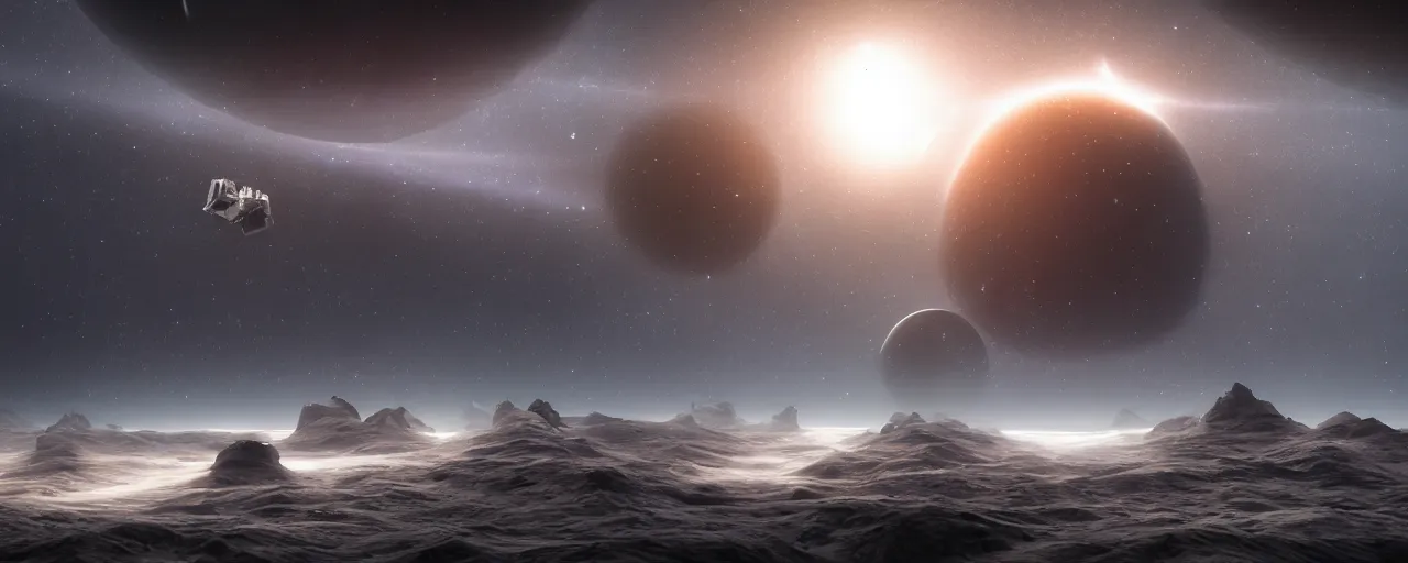 Prompt: movie still, galactic horizon with angular minimalist obsidian monoliths floating in space, cell automata, unreal engine, octane render, detailed and intricate, cloudy, global illumination, volumetric lighting, hubble telescope images, james webb telescope images, detailed and intricate environment, color graded