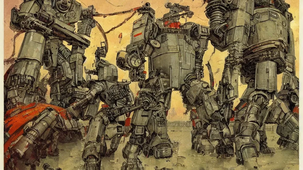 Image similar to Soviet mechs in the style of Norman Rockwell, sci-fi illustrations, highly detailed, award-winning, patriotic, soviet, ussr, dark, gritty, ink