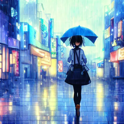 Image similar to beautiful smiling anime girl walking in rainy osaka city center at night, anime key visual, digital art, anime screenshot, kyoto animation, makoto shinkai, trending on artstation