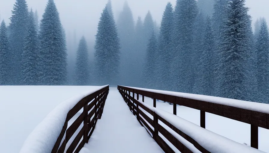 Image similar to wooden guardrails covered by snow in beautiful winter landscape. fog, snowstorm, photorealistic rendering, octane