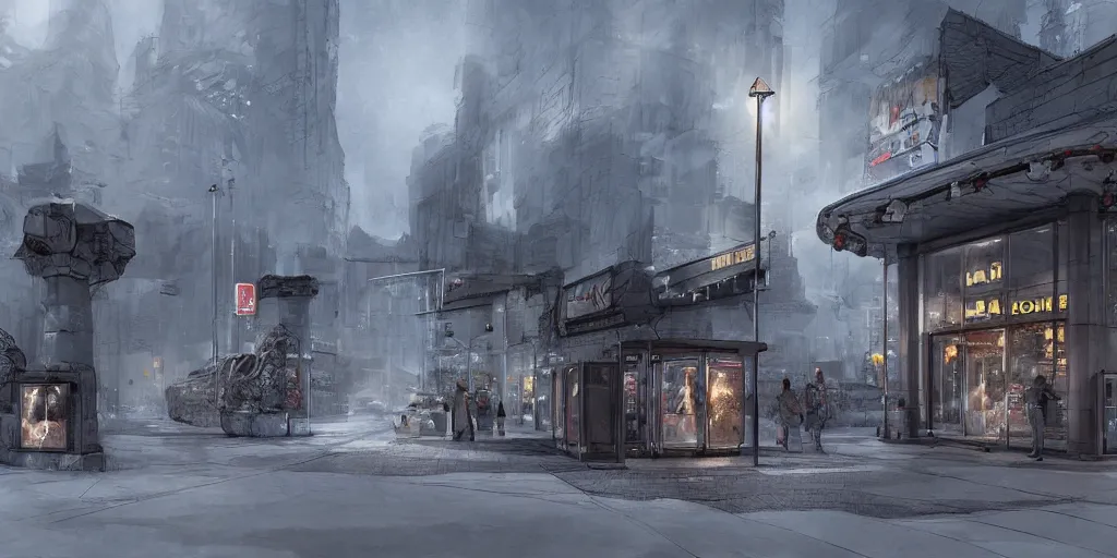 Prompt: concept art of a bus stop with walls for the far north in style of marc simonetti, intricate, octan render