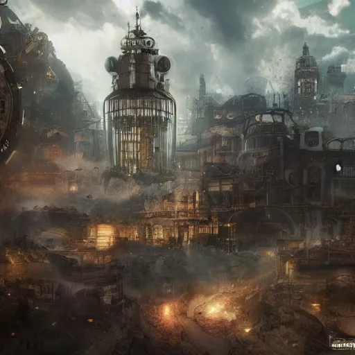 Image similar to steampunk city, war, space, future, ultra realistic