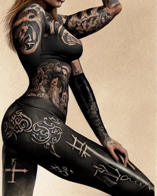 Prompt: Perfect leggings pattern imitating tattooes, focus on the pants and boots with graved runes, close-up on legs, highly detailed, digital painting, artstation, concept art, smooth, sharp focus, illustration, art by Artgerm and Hajime Sorayama
