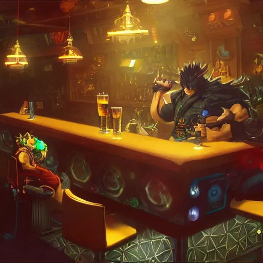 Image similar to an ultra detailed illustration of shadow the hedgehog and bowser sitting in a bar drinking beer, dive bar with a karaoke machine, volumetric lighting, 4 k, octane render, art by greg rutkowski and alphonse mucha and andreas rocha and albert bierstadt