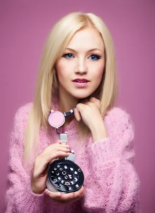 Image similar to head to waist photograph of an extremely beautiful!!!! blond young female , symmetric face!, symmetric round detailed eyes!!, slight smile, studio light, wearing pink chanel outfit !! hodling a pink vintage rotary phone l! plain pink studio background ff94b5. looking at the camera!!. . super resolution. Extremely detailed. fashion editorial