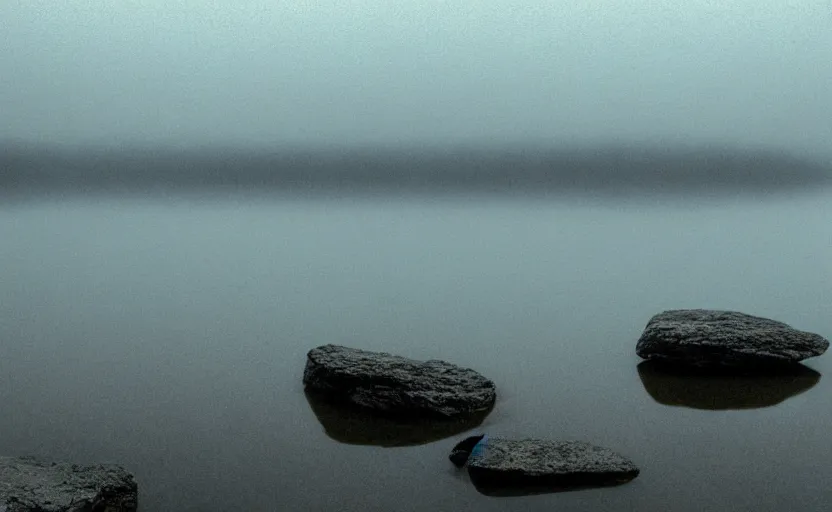 Prompt: extreme low angle camera lens partially submerged in water showing the surface of a lake with a rocky lake shore in the foreground, scene from a film directed by charlie kaufman ( 2 0 0 1 ), foggy volumetric light morning, extremely moody, cinematic trending on artstation in the style of greg rutkowski, shot on anamorphic lenses