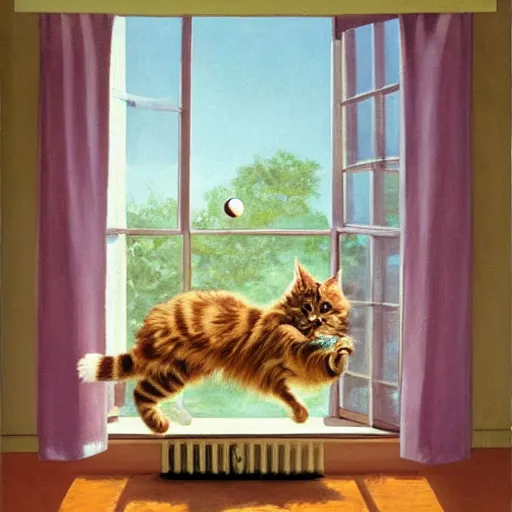 Prompt: cream color maine coon cat chasing a ball in a sunlit bedroom, bay window sofa, high energy, by Jeff Easley