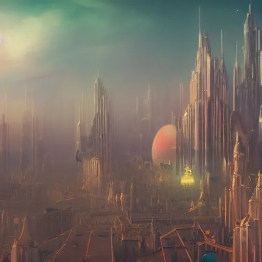 Image similar to pastel, baroque utopian cityscape in the sky, sci-fi, dreamlike, surreal, angels, misty, cinematic, 8k,