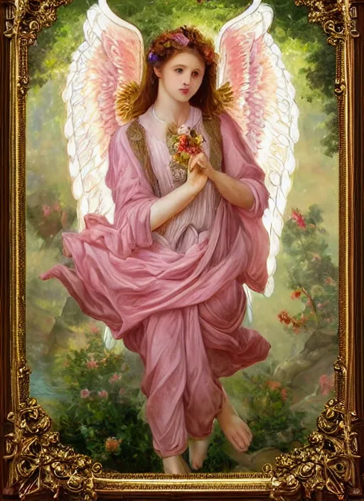 Prompt: full body oil painting of smoking wolf wearing pink shirt, in the style of sophie anderson, angel wings, angelic golden armor, dramatic painting, symmetrical composition, ornate, high detail, gold detailed collar, blooming, lights, flowers,