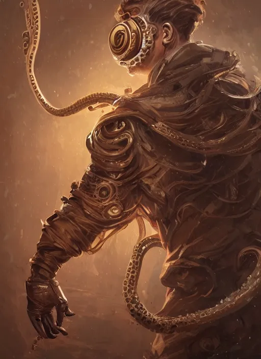 Prompt: a highly detailed illustration of wavy brown haired young white guy wearing brown coat and face mask with many mechanical tentacle arms on his back, dramatic hands in pocket standing pose, intricate, elegant, highly detailed, centered, digital painting, artstation, concept art, smooth, sharp focus, league of legends concept art, WLOP