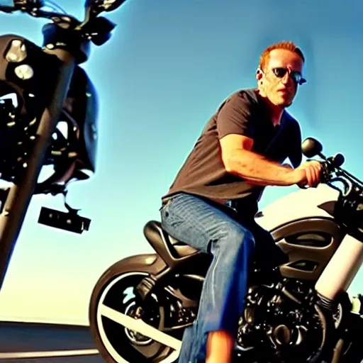 Prompt: Mark Zuckerbeg plays Terminator, rides a Harley motorobike, action scene