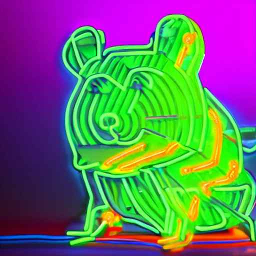 Prompt: cyberpunk hamster made of glowing rainbow neon lights, 8 k, hd