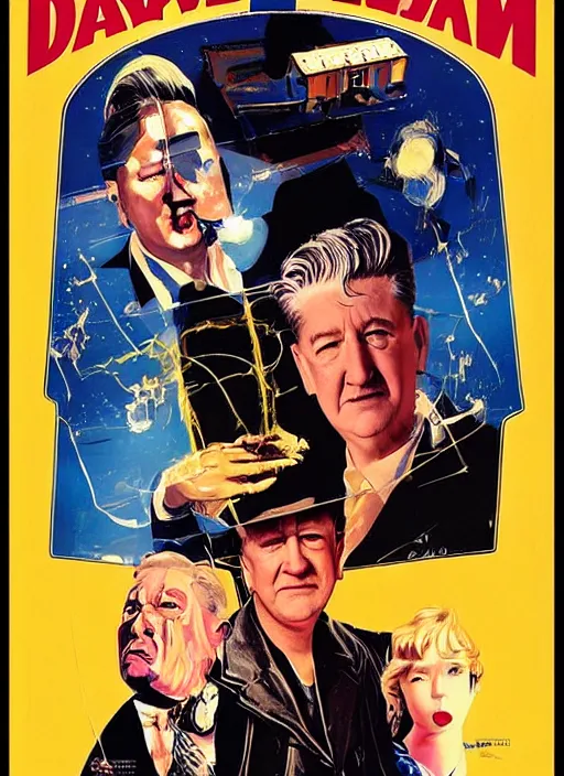 Image similar to a movie poster with david lynch, poster art by drew struzan, featured on reddit, retrofuturism, movie poster, reimagined by industrial light and magic, poster art