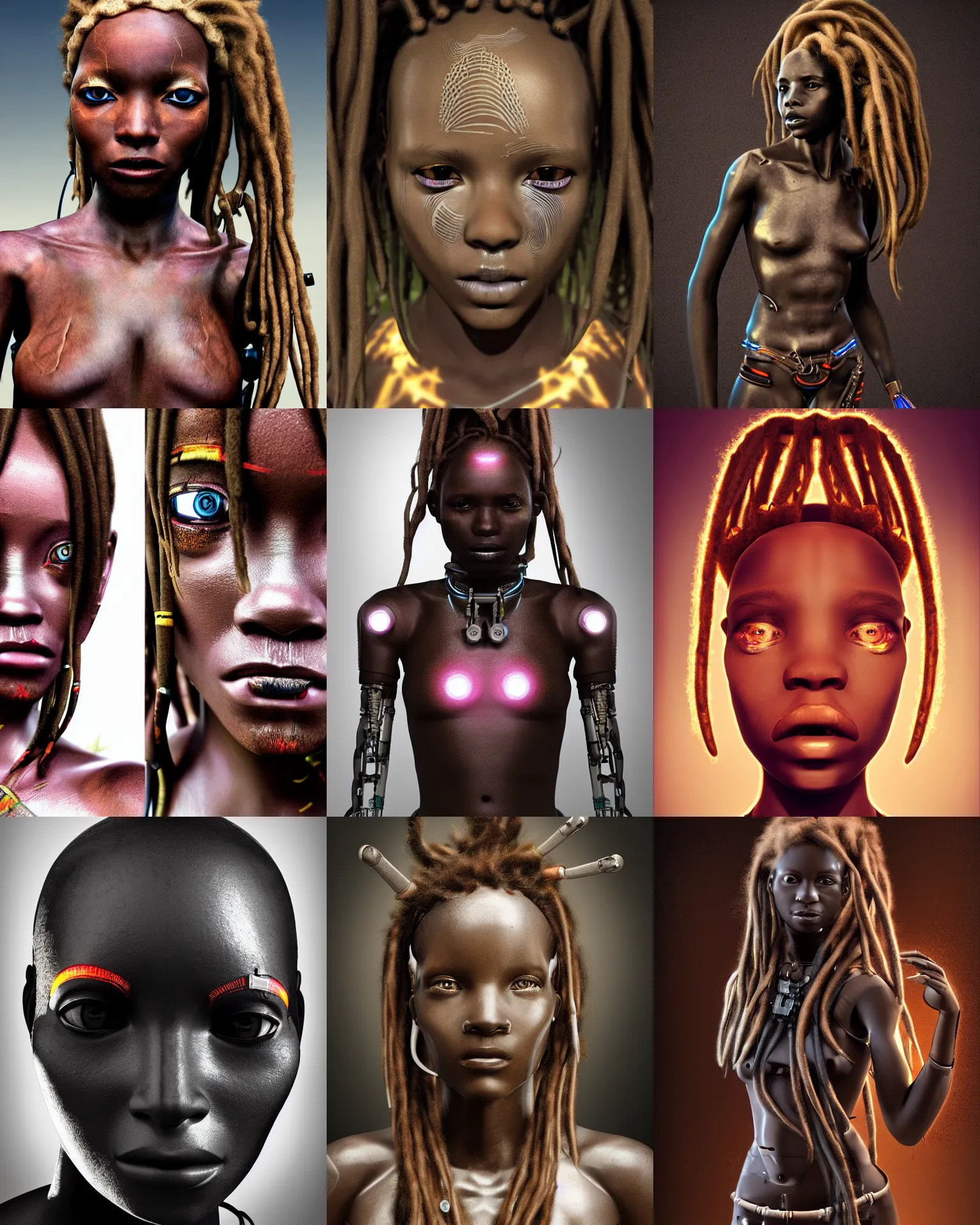 Prompt: futuristic himba young woman, cybernetic eye, mechanical limbs, glowing dreadlocks, realistic concept art, dramatic lighting, intricate, depth of field, upper body