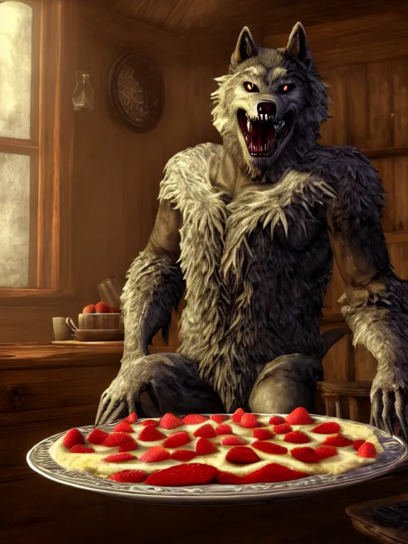 Prompt: cute handsome cuddly burly surly relaxed calm timid werewolf from van helsing sitting down at the breakfast table in the kitchen of a normal country home cooking having fun lighthearted whimsy whimsical baking strawberry tart cakes unreal engine hyperreallistic render 8k character concept art masterpiece screenshot from the video game the Elder Scrolls V: Skyrim