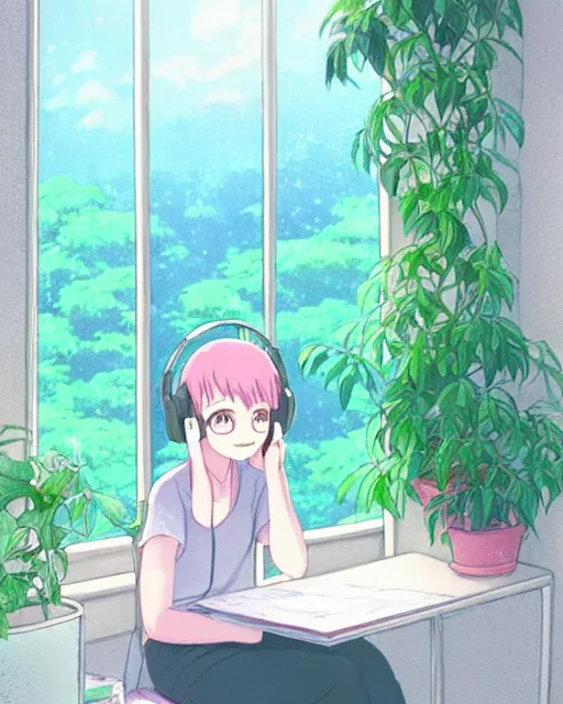 Prompt: a beautiful photo of a girl sitting at her desk next to a window wearing headphones doodling on paper, lots of plants in pots on her desk, pastel colors, rain on the winow, ， by makoto shinkai an krenz cushart