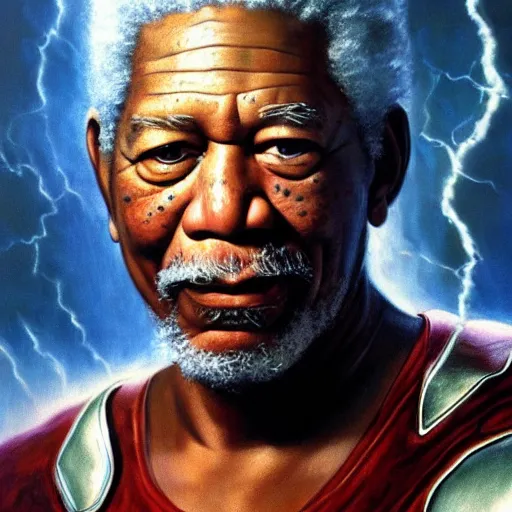 Prompt: ultra realistic portrait painting of morgan freeman as thor, art by frank frazetta, 4 k, ultra realistic, highly detailed, epic lighting